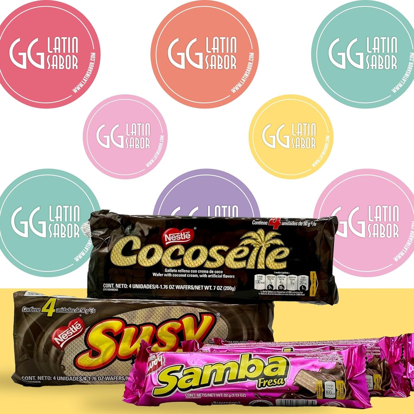 Galletas Wafer Surtidas Venezolanas GG Latin Sabor: Cocosette, Susy, Samba fresa