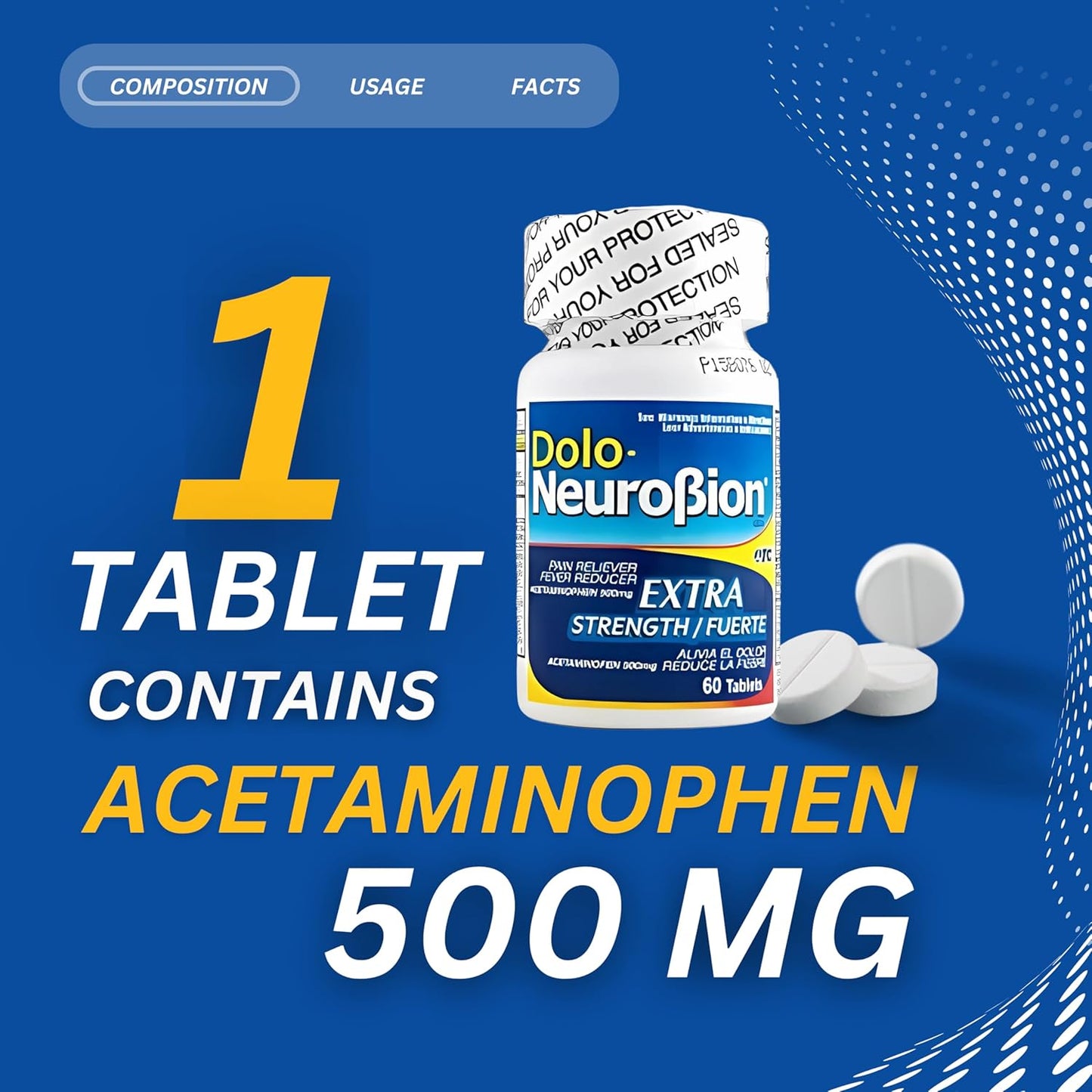 Dolo Neurobion Extra Fuerte. 60 Tablets. Acetaminophen 500 mg