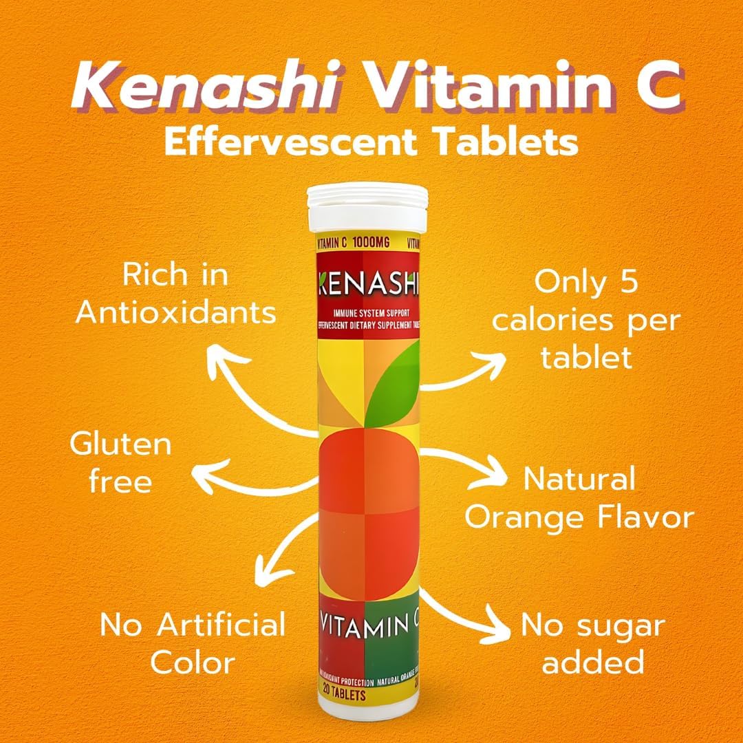 Kenashi Vitamina C Efervescentes de 1000 mg que se Disuelven en Agua 20 Tabletas 3 Pack