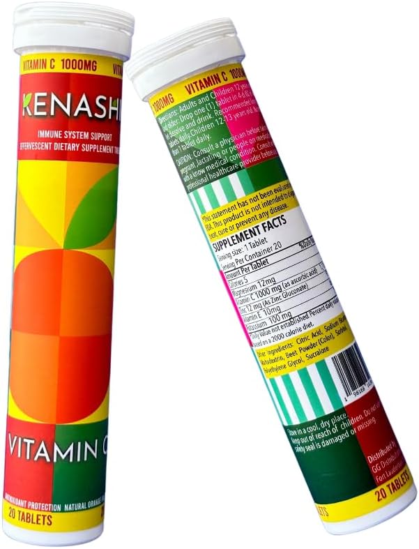 Kenashi Vitamina C Efervescentes de 1000 mg que se Disuelven en Agua 20 Tabletas 3 Pack
