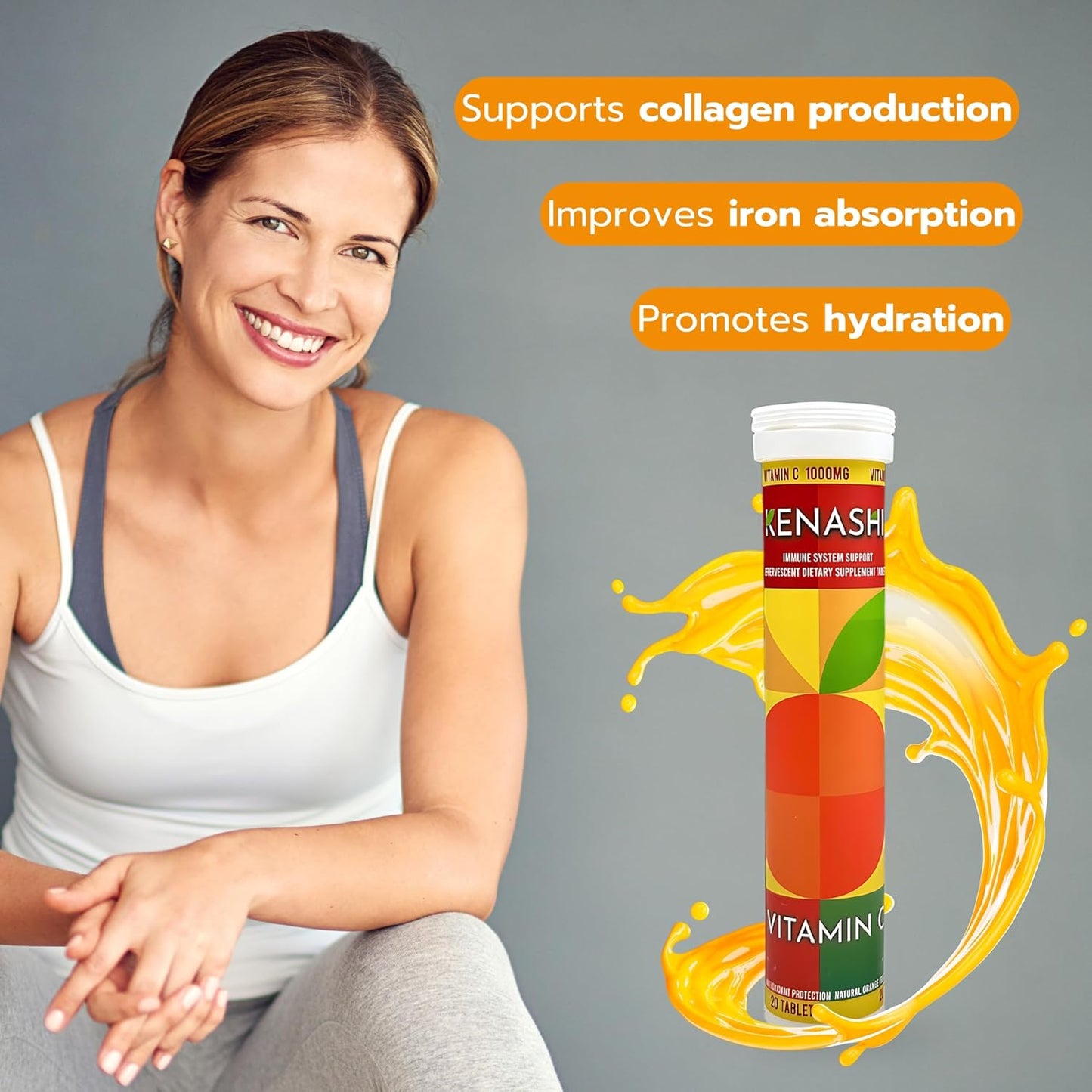 Kenashi Vitamina C Efervescentes de 1000 mg que se Disuelven en Agua 20 Tabletas 3 Pack