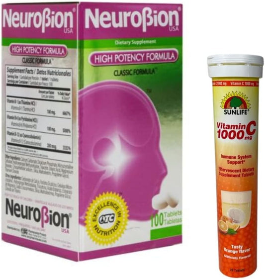 Neurobion Fórmula Clásica de Alta Potencia 100 Comprimidos Suplemento Dietético+ Sunlife Vitamina C 1000 mg 20 Comprimidos