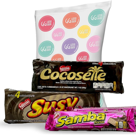 Galletas Wafer Surtidas Venezolanas GG Latin Sabor: Cocosette, Susy, Samba fresa