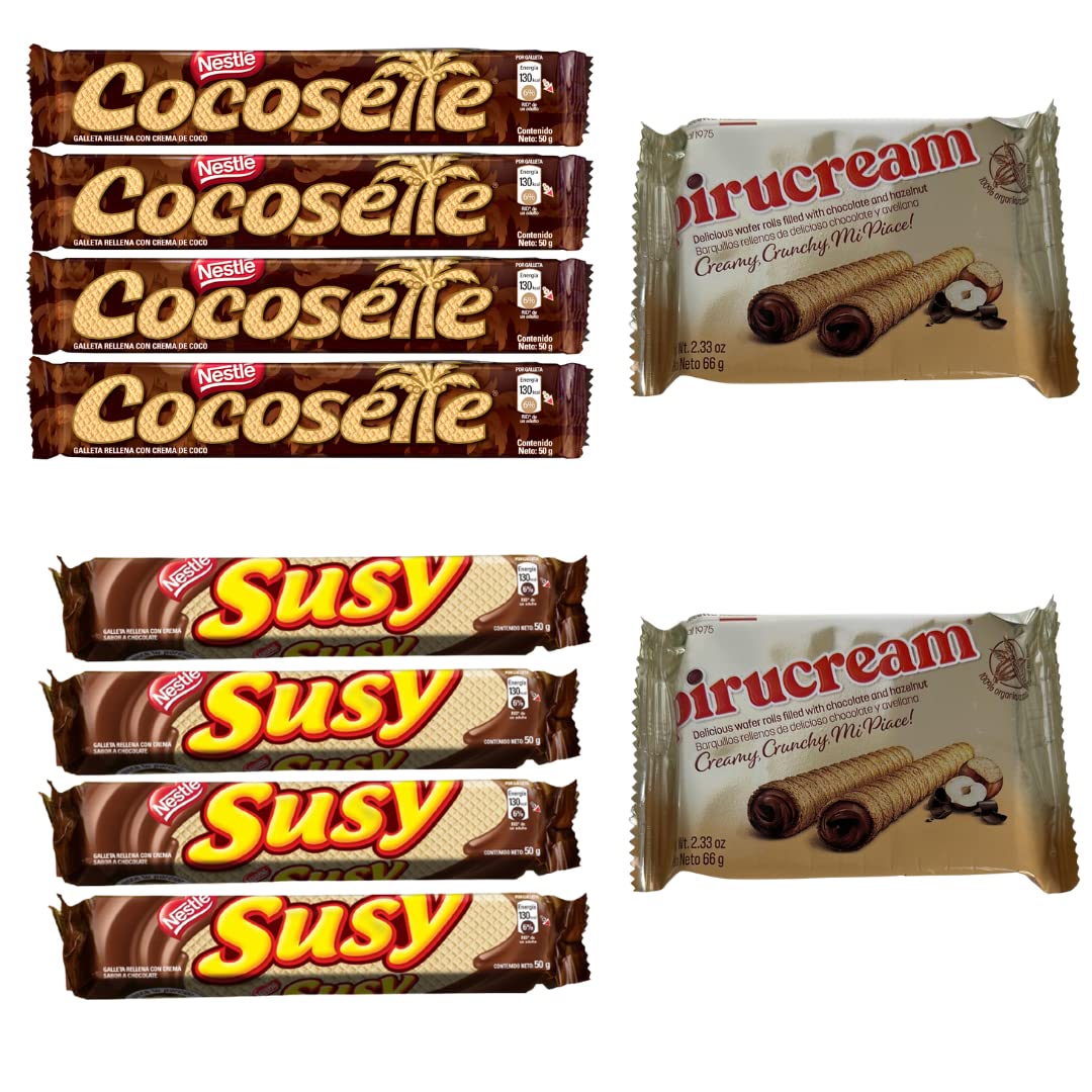 Detalle del surtido: Cocosette + Susy + Pirucream – combo de galletas wafer venezolanas – Latin Sabor USA