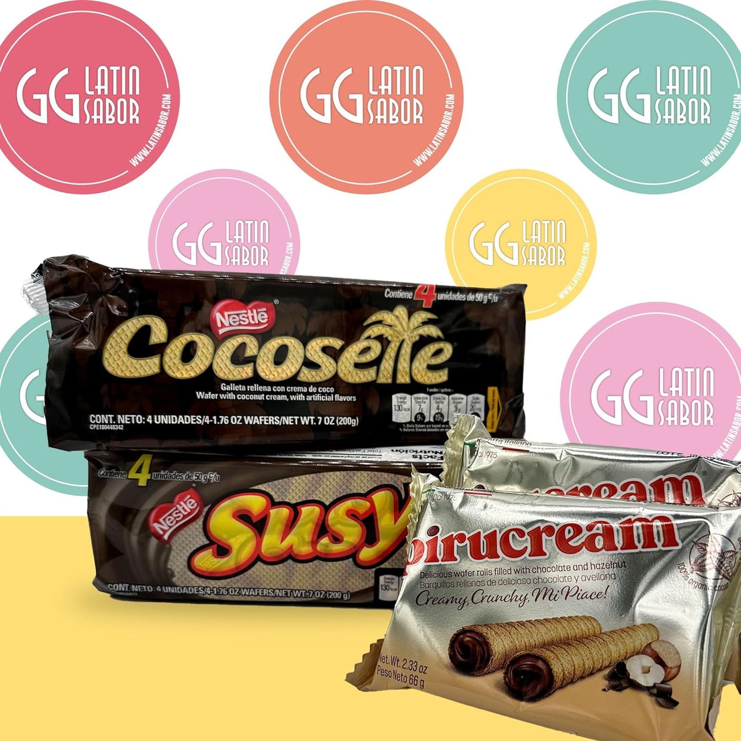 Detalle del surtido: Cocosette + Susy + Pirucream – combo de galletas wafer venezolanas – USA