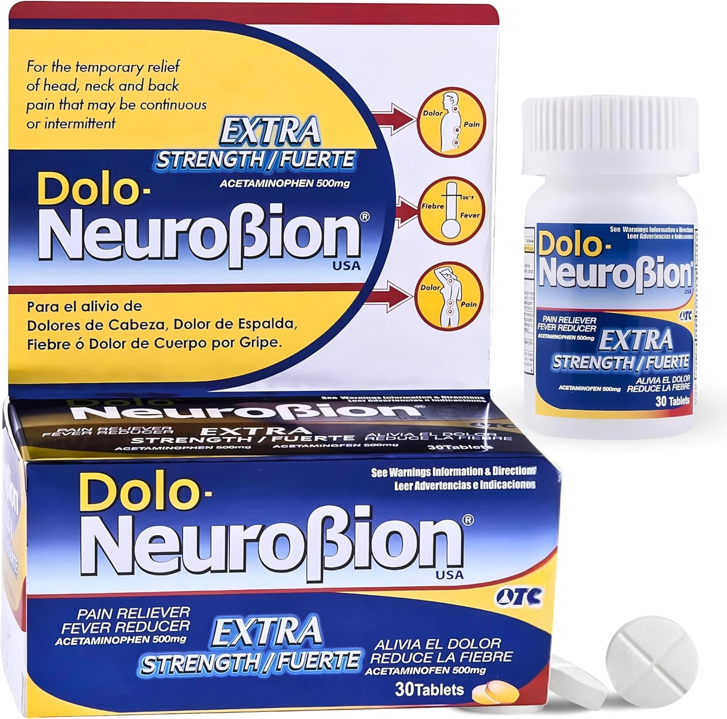 Dolo Neurobion Extra Fuerte 30 Comprimidos | Acetaminofén 500 mg (Pain Reliever / Fever Reducer) OTC