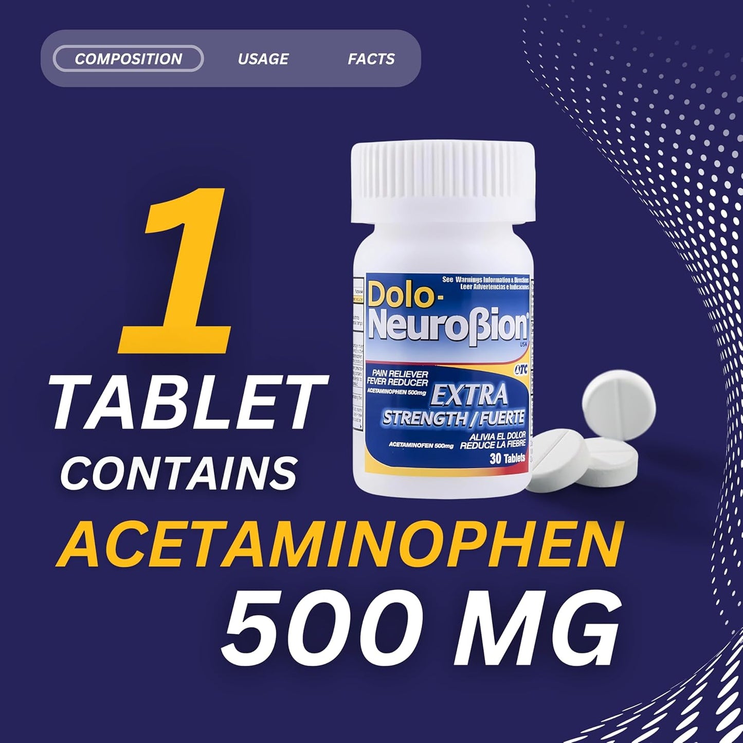 Dolo Neurobion Extra Fuerte 30 Comprimidos | Acetaminofén 500 mg (Pain Reliever / Fever Reducer) OTC