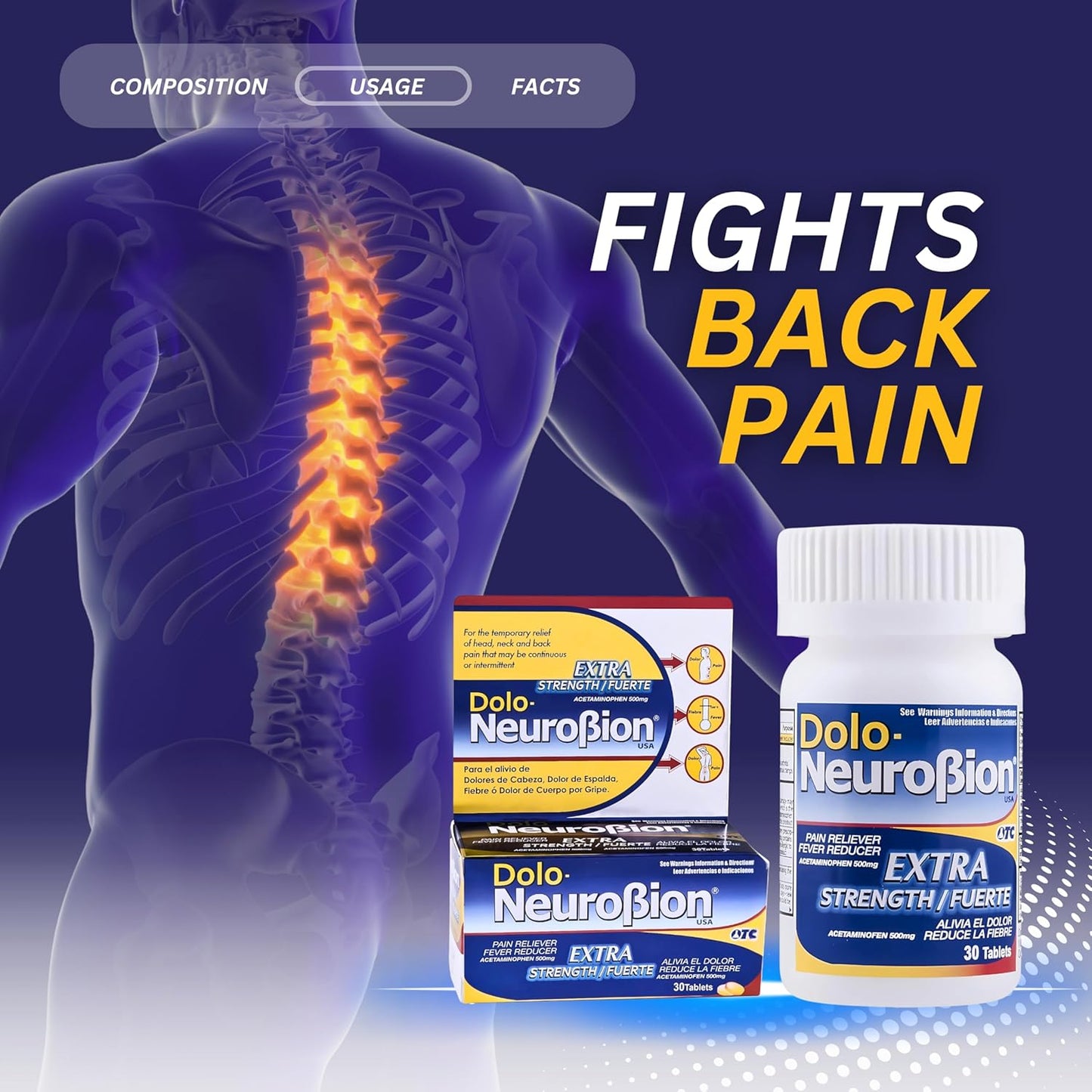 Dolo Neurobion Extra Fuerte 30 Comprimidos | Acetaminofén 500 mg (Pain Reliever / Fever Reducer) OTC