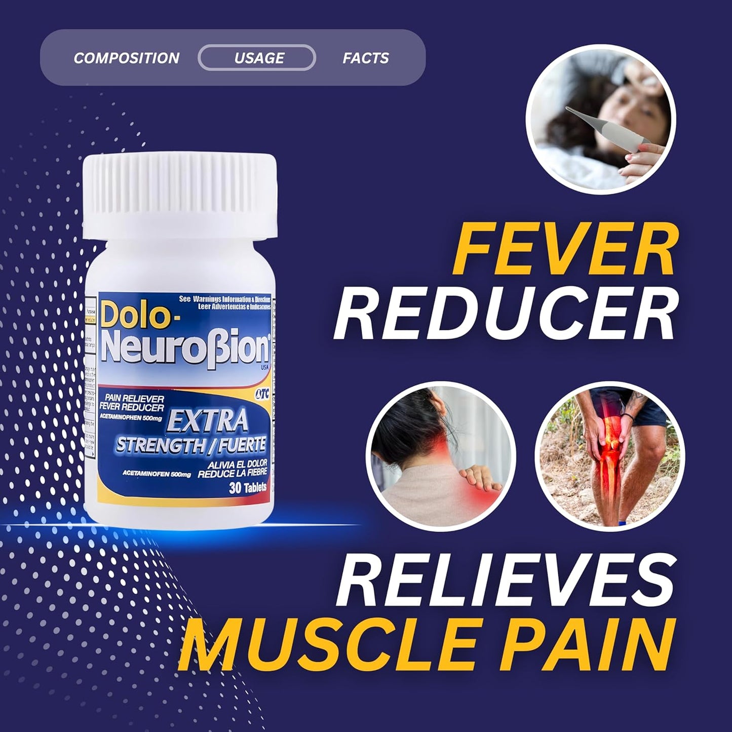 Dolo Neurobion Extra Fuerte 30 Comprimidos | Acetaminofén 500 mg (Pain Reliever / Fever Reducer) OTC