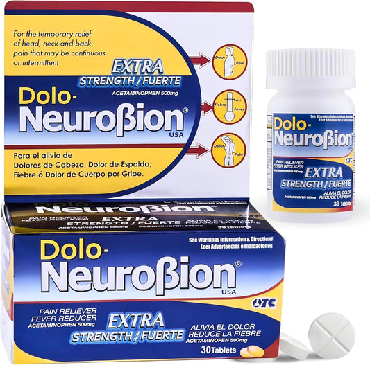 Dolo Neurobion Extra Fuerte 30 Comprimidos | Acetaminofén 500 mg (Pain Reliever / Fever Reducer) OTC