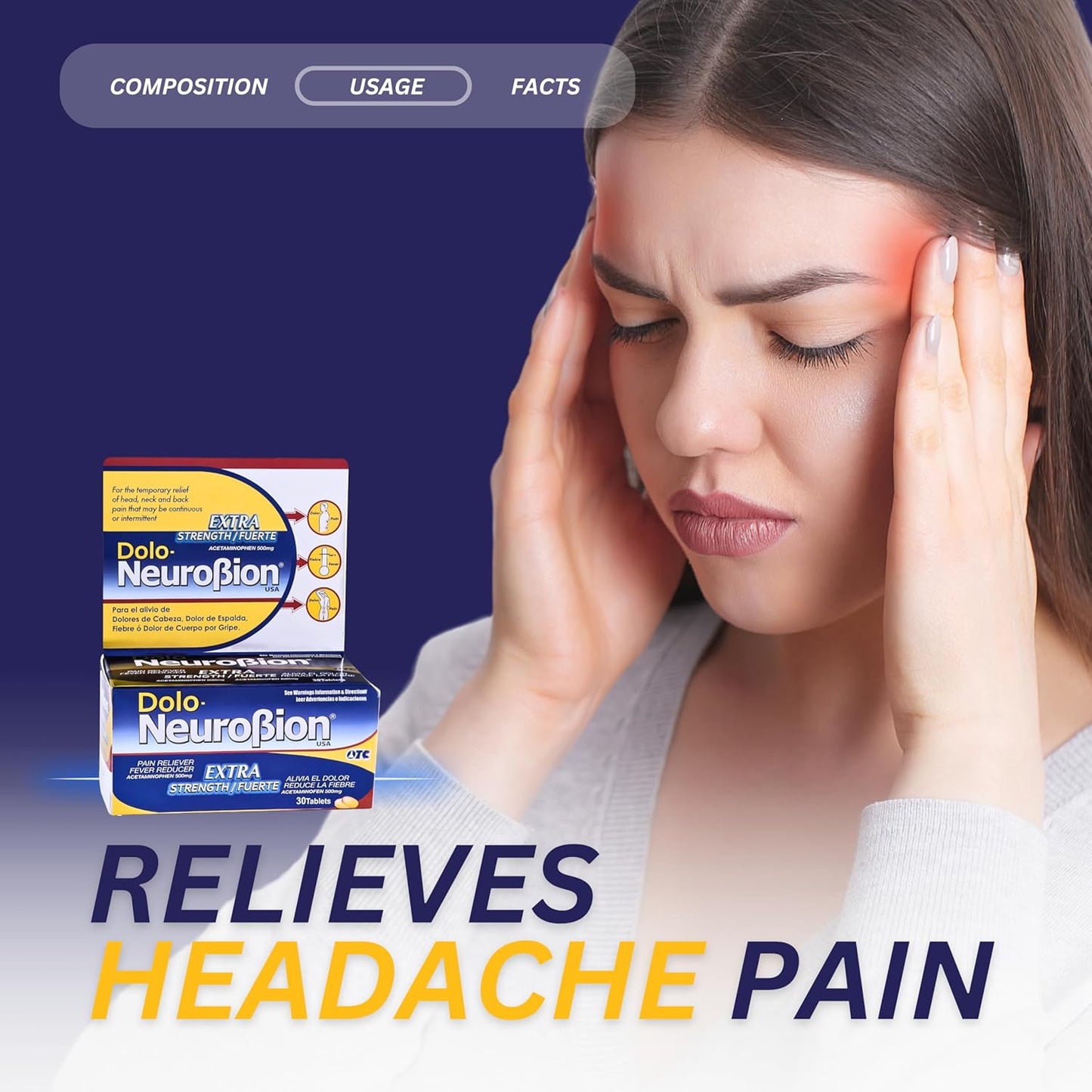 Dolo Neurobion Extra Fuerte 30 Comprimidos | Acetaminofén 500 mg (Pain Reliever / Fever Reducer) OTC