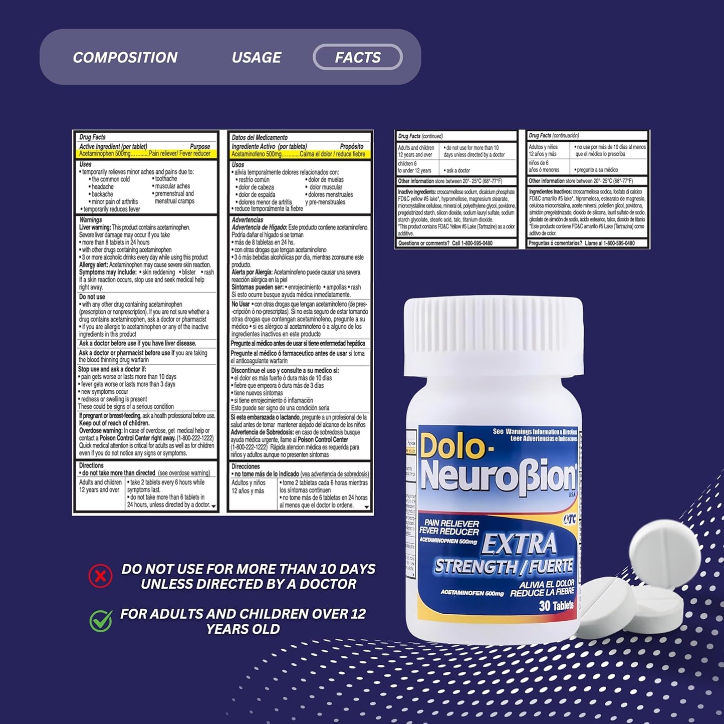 Dolo Neurobion Extra Fuerte 30 Comprimidos | Acetaminofén 500 mg (Pain Reliever / Fever Reducer) OTC