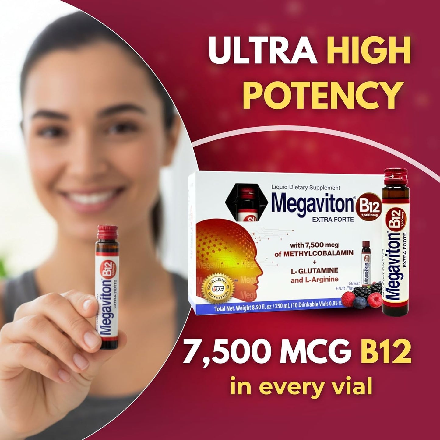Megaviton B12 Extra Forte 7500 mcg Liquid | 10 Drinkable Vials 8.50 fl oz