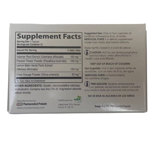 Nerviosil Forte – suplemento herbal para relajación y apoyo en tensión/nervios – 30 cápsulas – USA