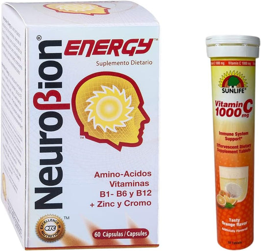 Neurobion Energy Dietary Supplement Amino Acids Vitamin 60 Capsules + Sunlife Vitamin C 1000 mg Orange Flavor