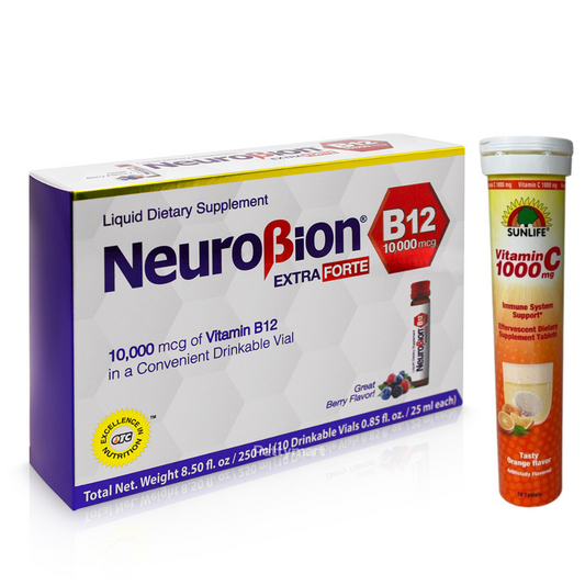 Neurobion Extra Forte B12 10,000 mcg 10 Vials + Sunlife Vitamin C 1000 mg 20 Tablets Orange Flavor