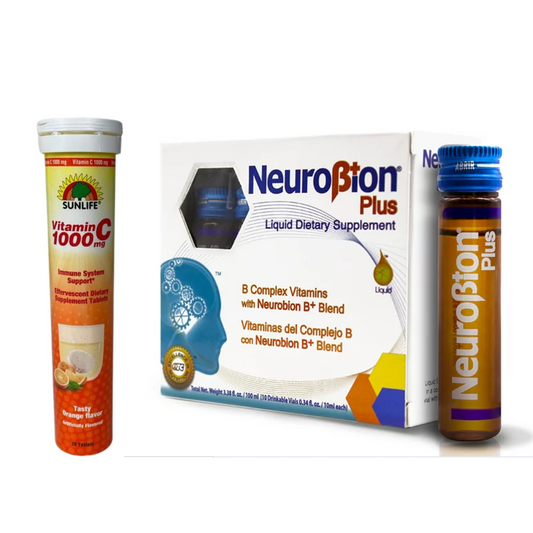 Neurobion Plus Pack Dietary Supplement B Complex 10 Vials + Sunlife Vitamin C 1000 mg 20 Tablets Orange Flavor