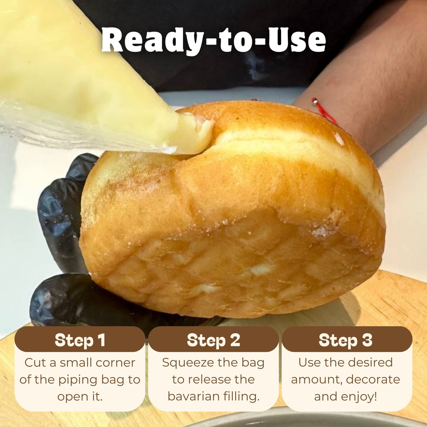 Jeynuuss Bavarian cream filling listo para usar: rellenando donut con piping bag; instrucciones paso a paso para cortar la esquina, exprimir y decorar; 2 lb.