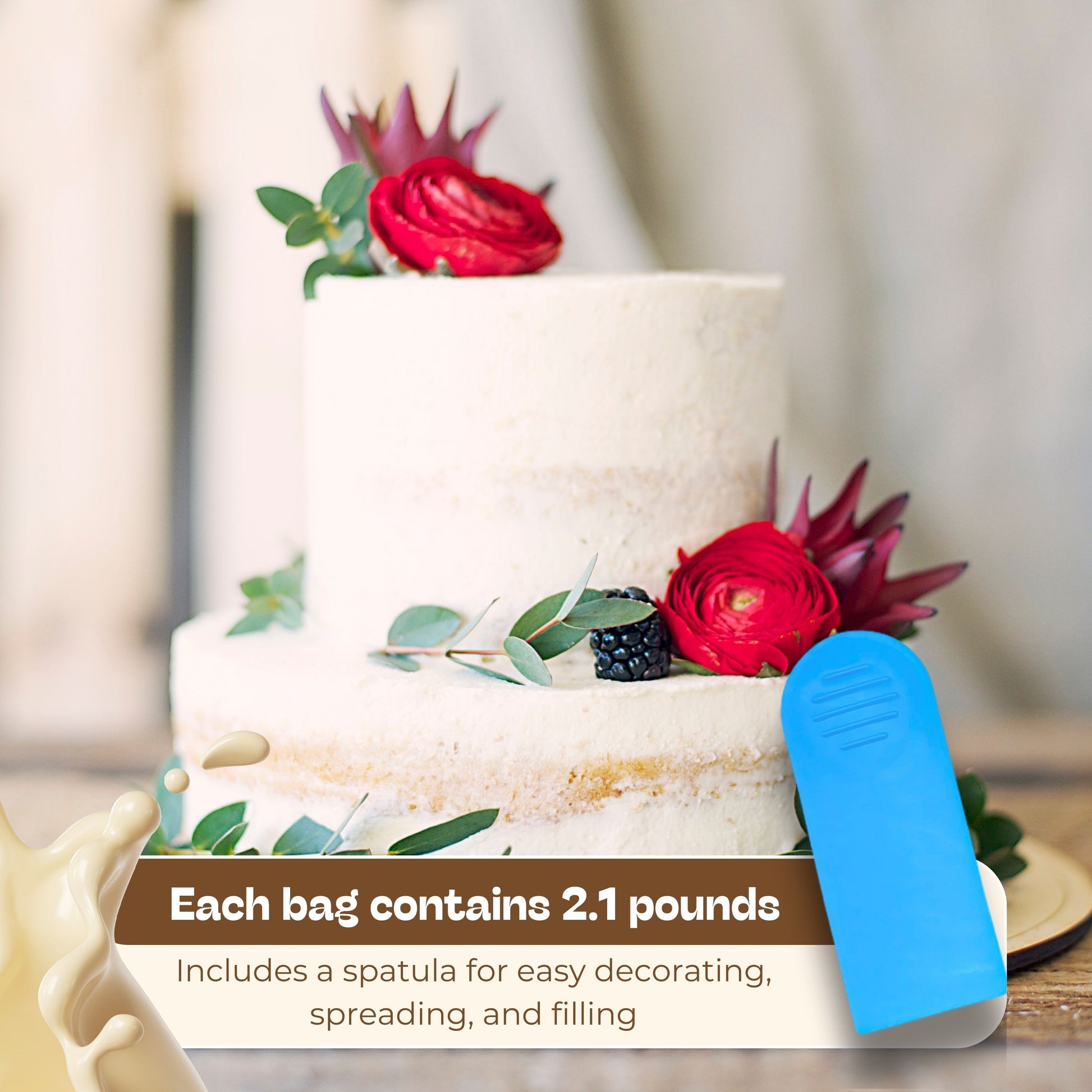 Pastel decorado con mensaje de que cada bolsa contiene 2.1 lb; Jeynuuss Bavarian cream pastry filling incluye espátula para decorar, esparcir y rellenar.