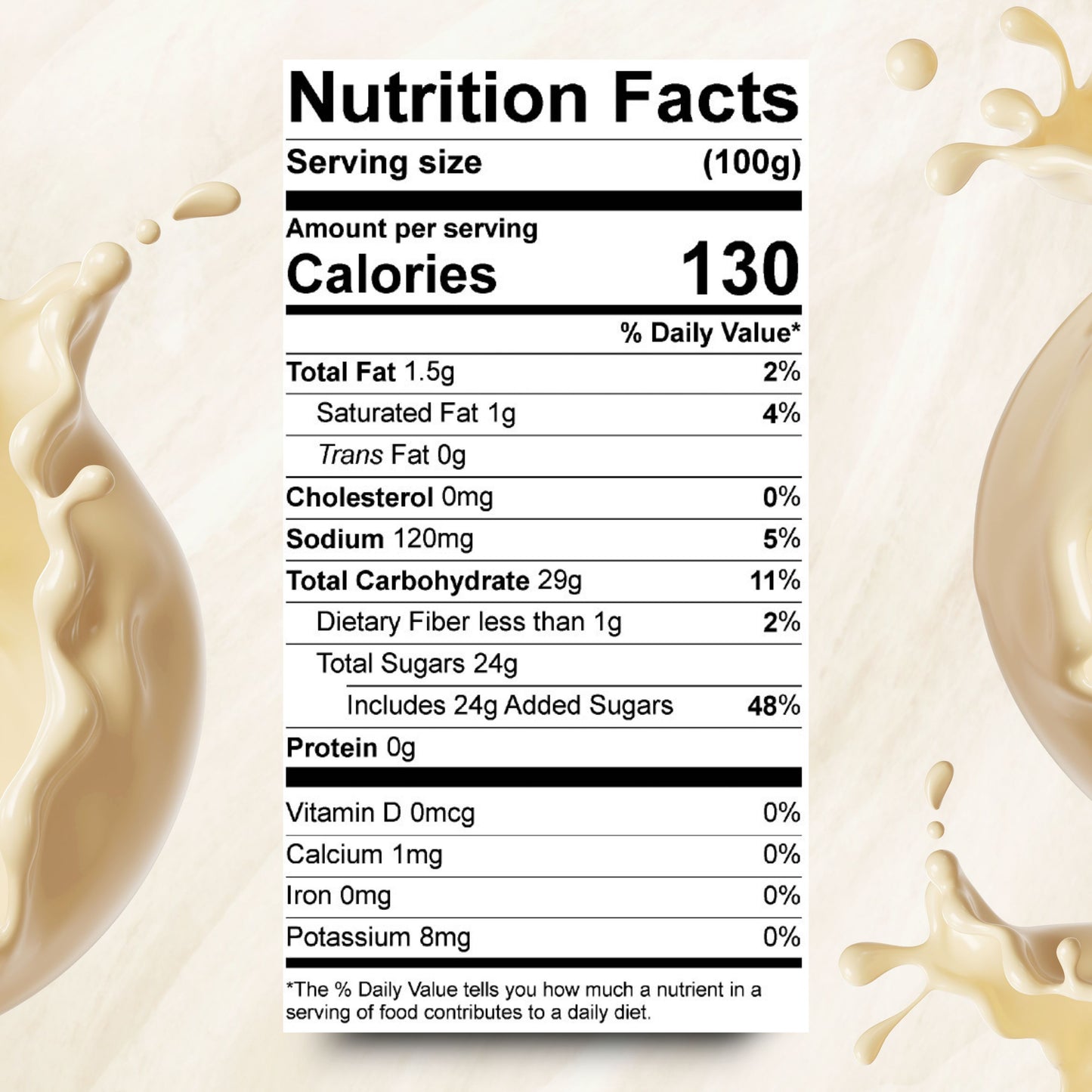 Nutrition Facts label de Jeynuuss Bavarian cream pastry filling; relleno listo para usar para cakes, pastries y desserts; bolsa de 2 lb.