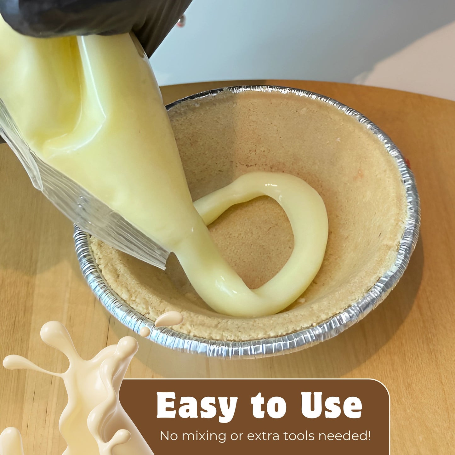 Jeynuuss Bavarian cream pie filling aplicado en base de pie; fácil de usar, sin mezclar ni herramientas extra; bolsa de 2 lb para repostería.