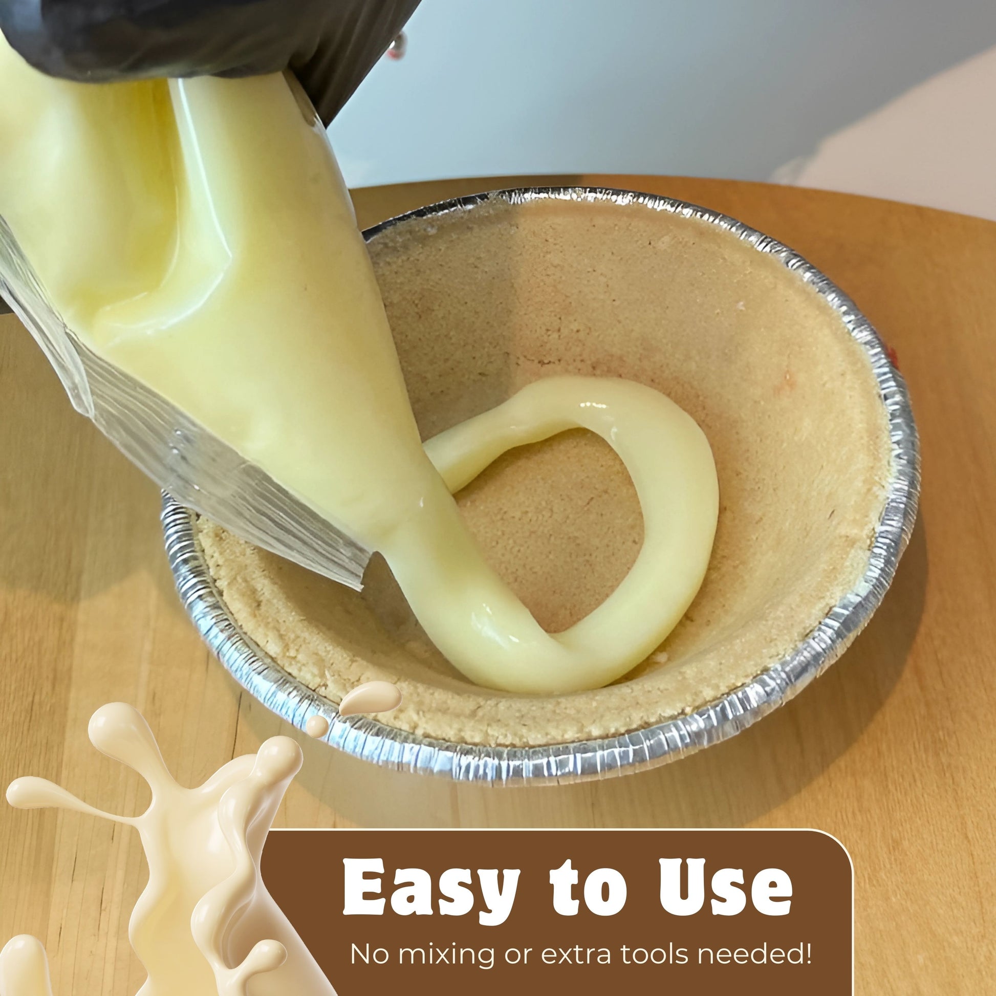 Jeynuuss Bavarian cream pie filling aplicado en base de pie; fácil de usar, sin mezclar ni herramientas extra; bolsa de 2 lb para repostería.