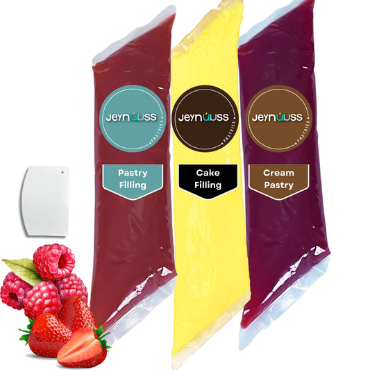 Pack de 3 Jeynuuss pastry fillings de 2 lb: Bavarian cream, strawberry y raspberry; incluye icing spreader; relleno listo para cakes, pies y pastries.