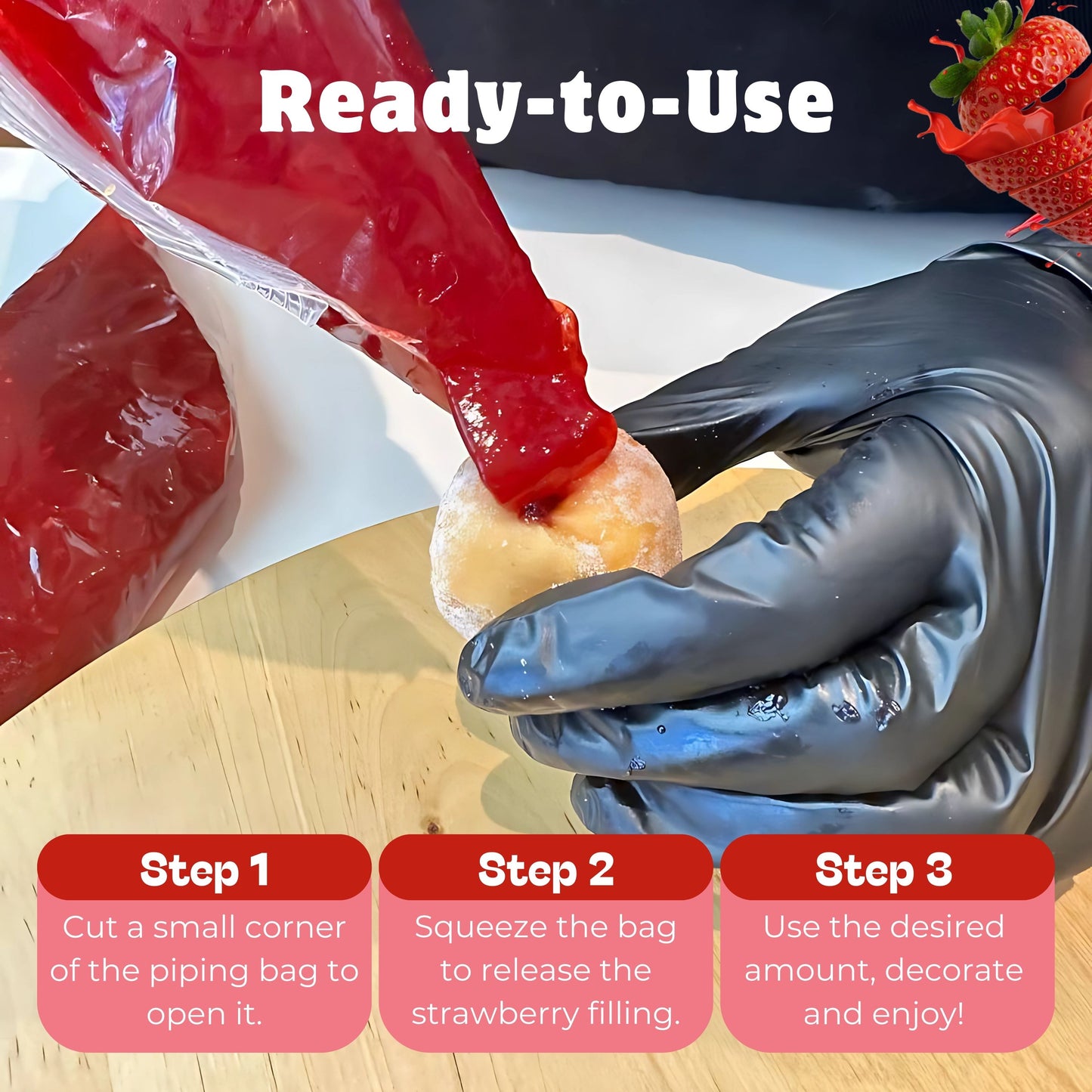 Jeynuuss strawberry filling listo para usar rellenando donut con piping bag; pasos para cortar, exprimir y decorar; 2 lb.