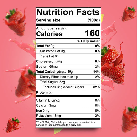 Nutrition Facts label de Jeynuuss strawberry pie filling; relleno para postres y repostería; bolsa de 2 lb.