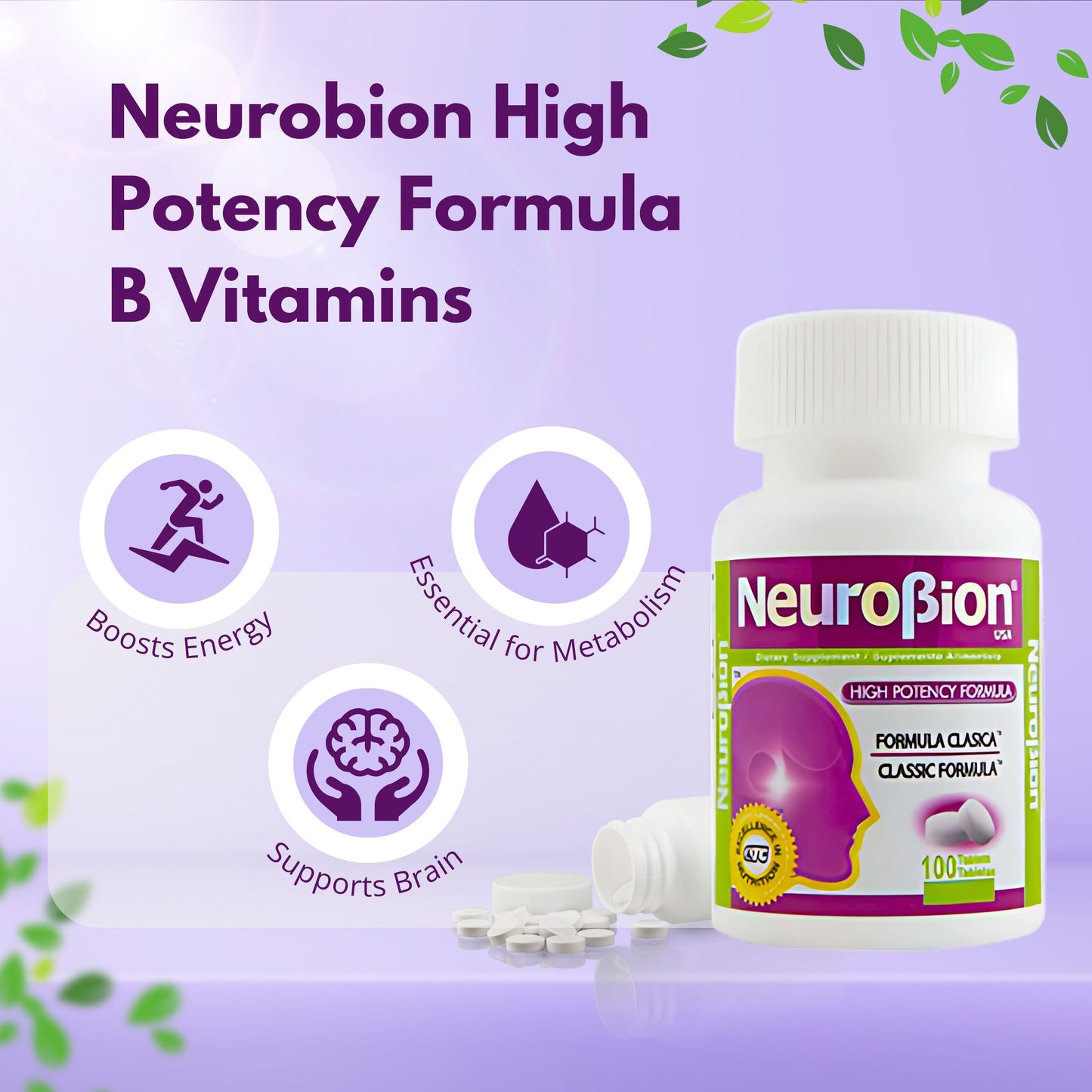Neurobion Clásico 100 tabletas, vitaminas B1 B6 B12 en frasco (High Potency Formula)