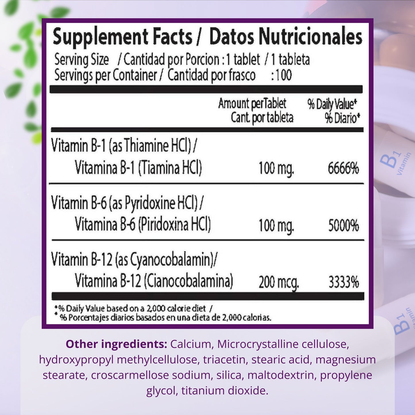 Datos nutricionales (Supplement Facts) de Neurobion Clásico 50 comprimidos con vitaminas B1 B6 B12