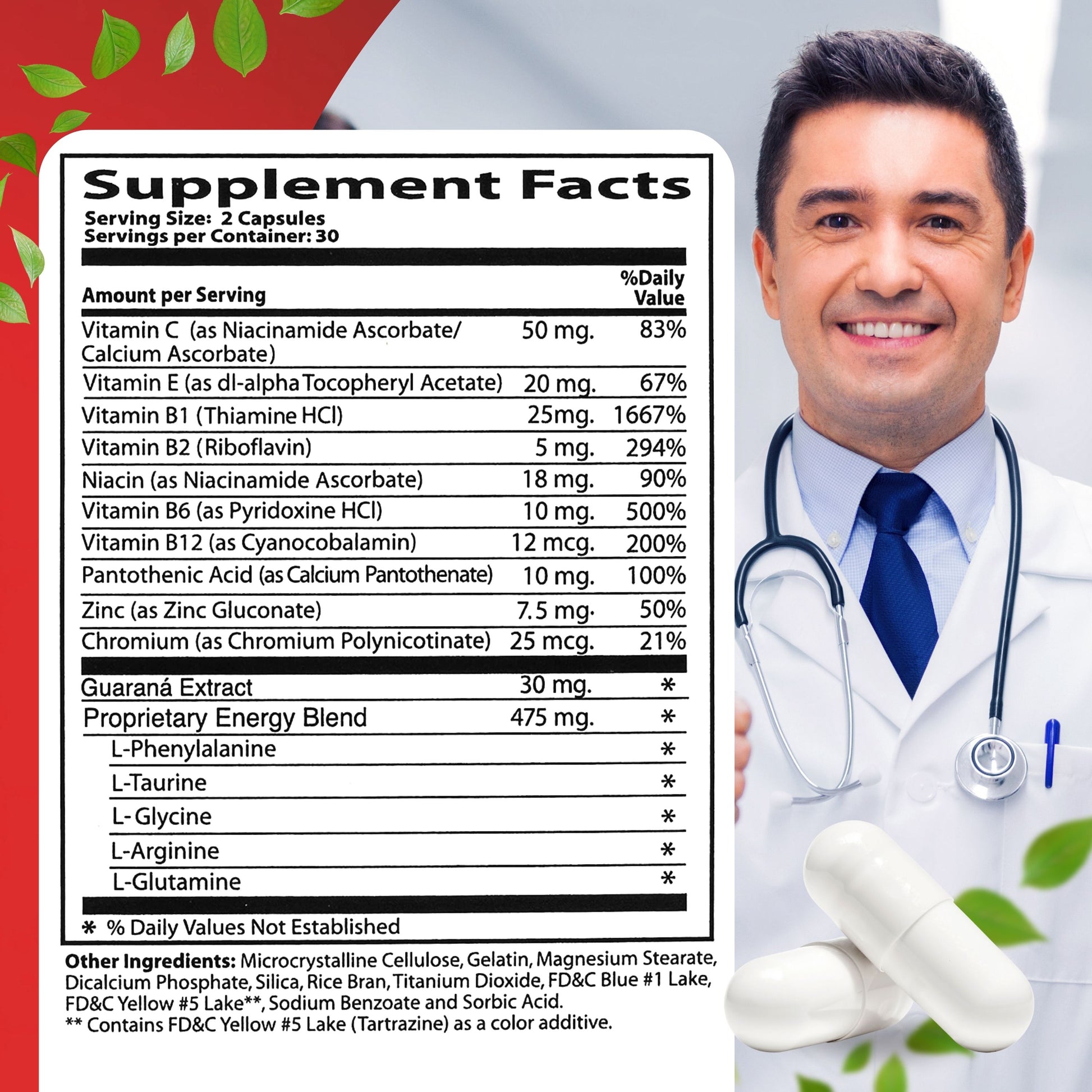 Supplement Facts de Neurobion Energy 60 cápsulas con vitaminas, zinc, cromo y extracto de guaraná